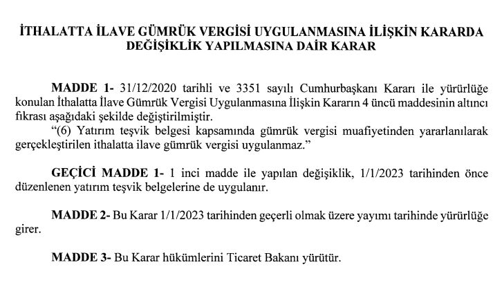 İthalatta ilave gümrük vergisi ile ilgili yeni bir karar çıktı
